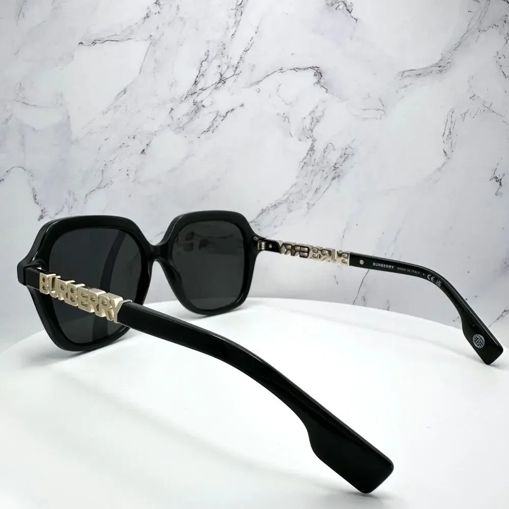New Burberry Sunglasses Black Square Gold Metal Cut Out BURBERRY Logo Womens